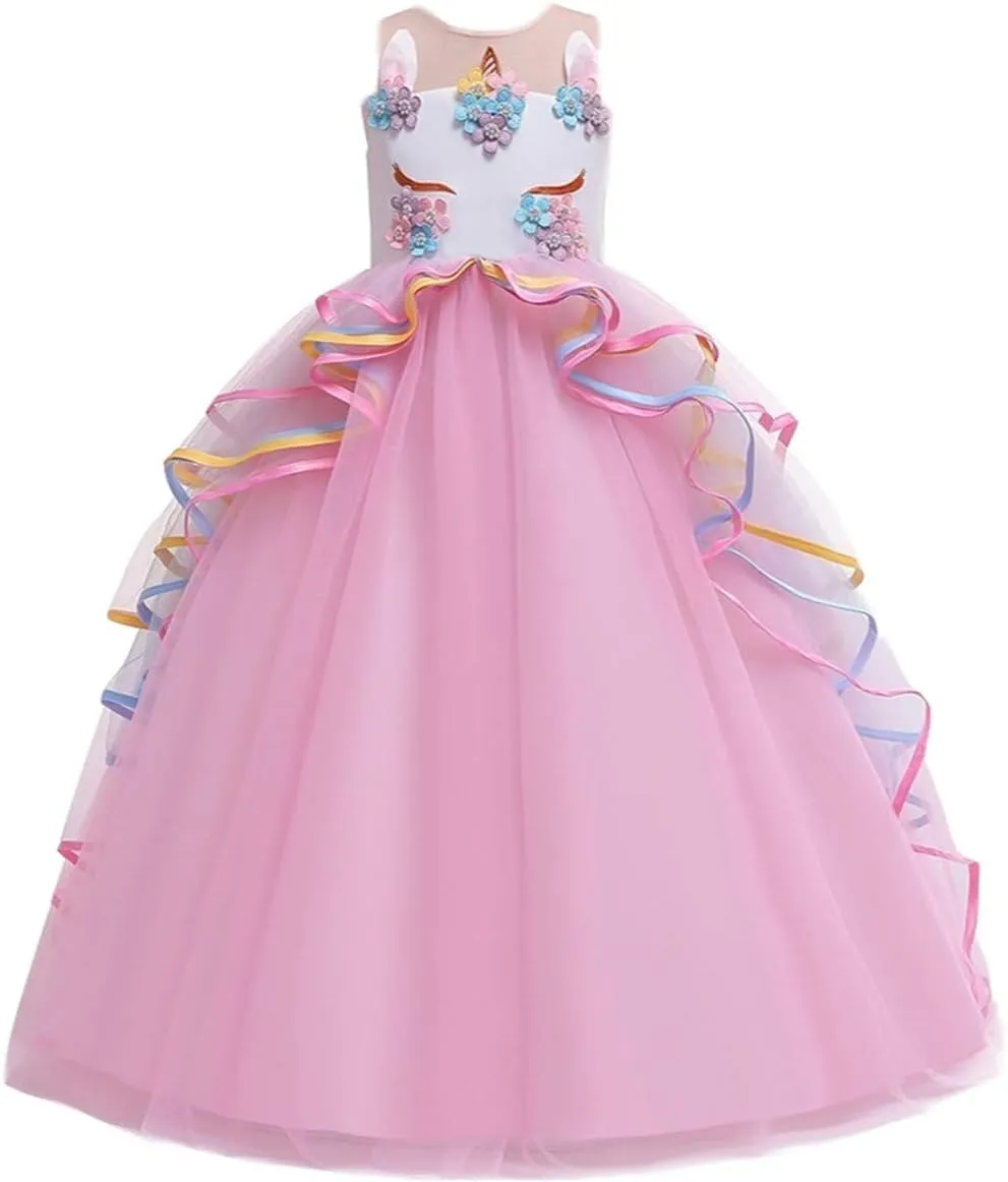 MYRISAM Girl's Unicorn Rainbow Long Tulle Dress Wedding Birthday Princess Carnival Party Performance Dance Pageant Ball Gowns