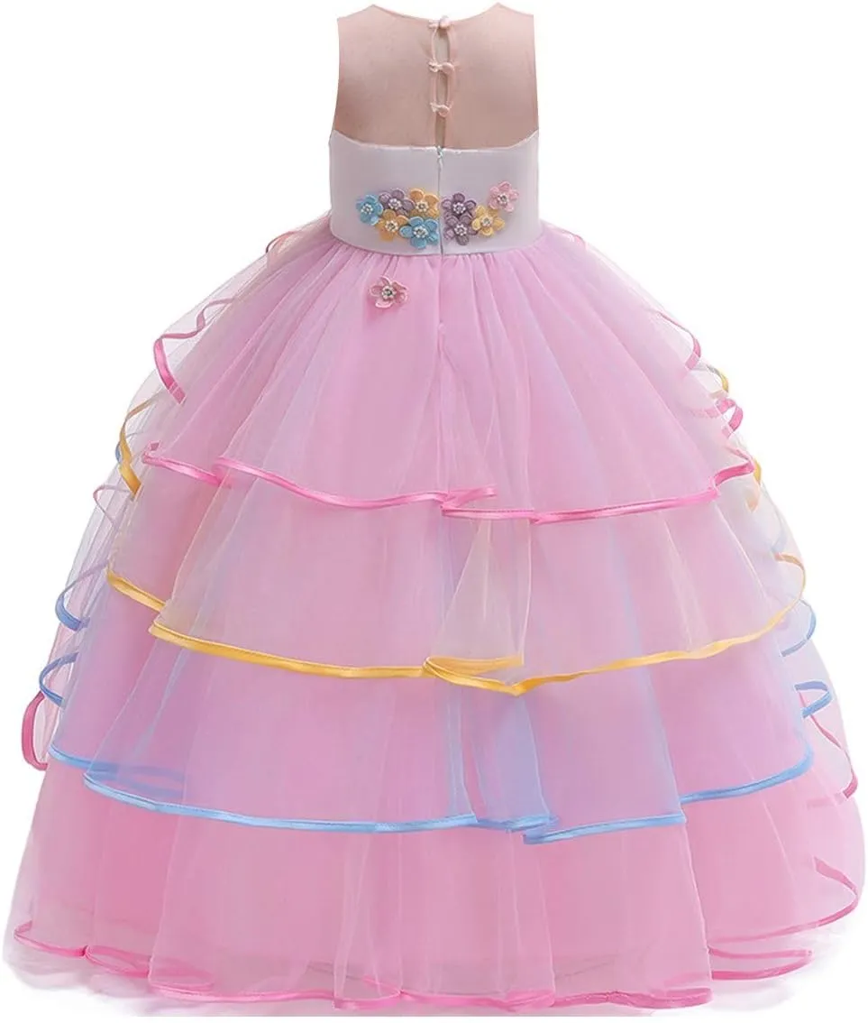 MYRISAM Girl's Unicorn Rainbow Long Tulle Dress Wedding Birthday Princess Carnival Party Performance Dance Pageant Ball Gowns