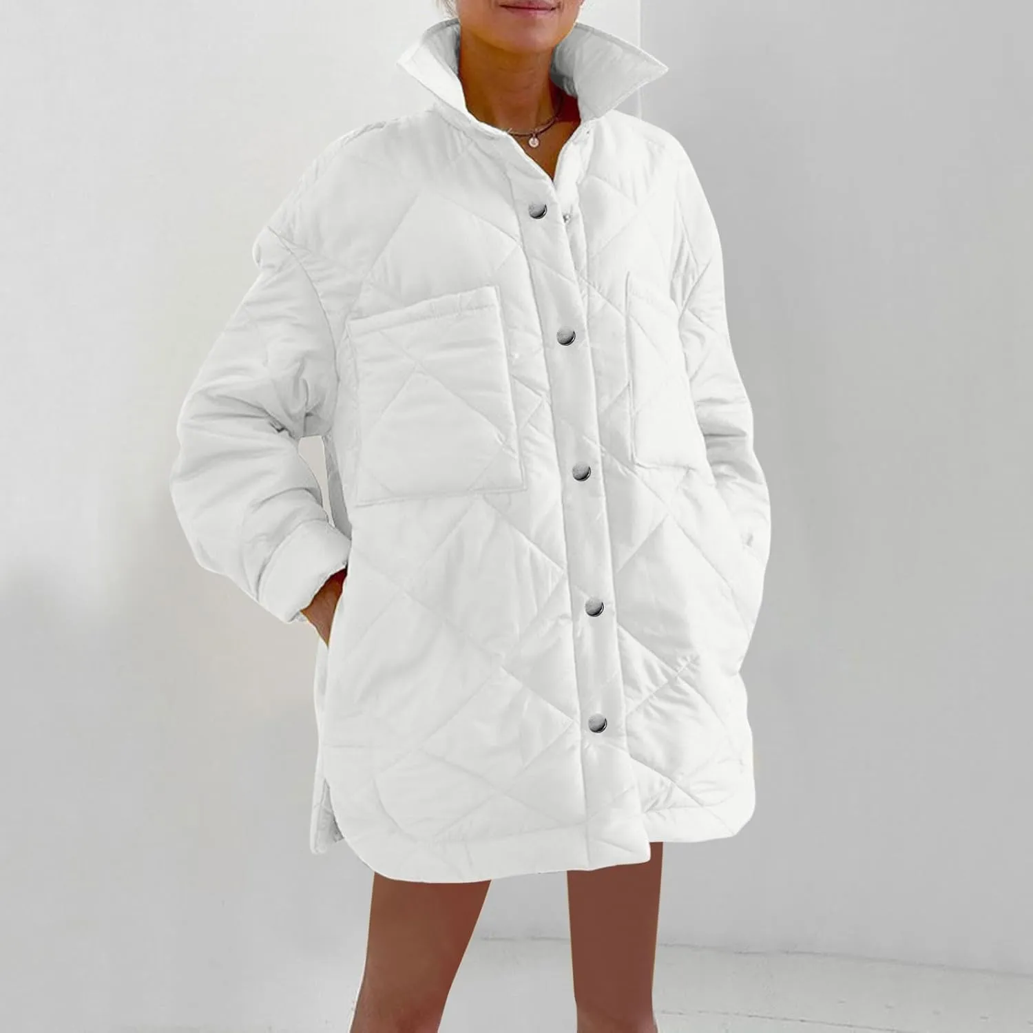 Mzkdieey Womens Quilted Puffer Jacket Oversized Long Sleeve Button Down Padded Down Coats Winter Warm Outwear with Pockets