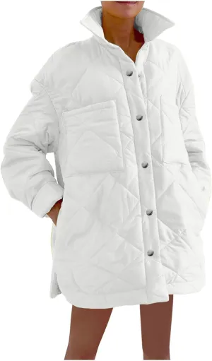 Mzkdieey Womens Quilted Puffer Jacket Oversized Long Sleeve Button Down Padded Down Coats Winter Warm Outwear with Pockets