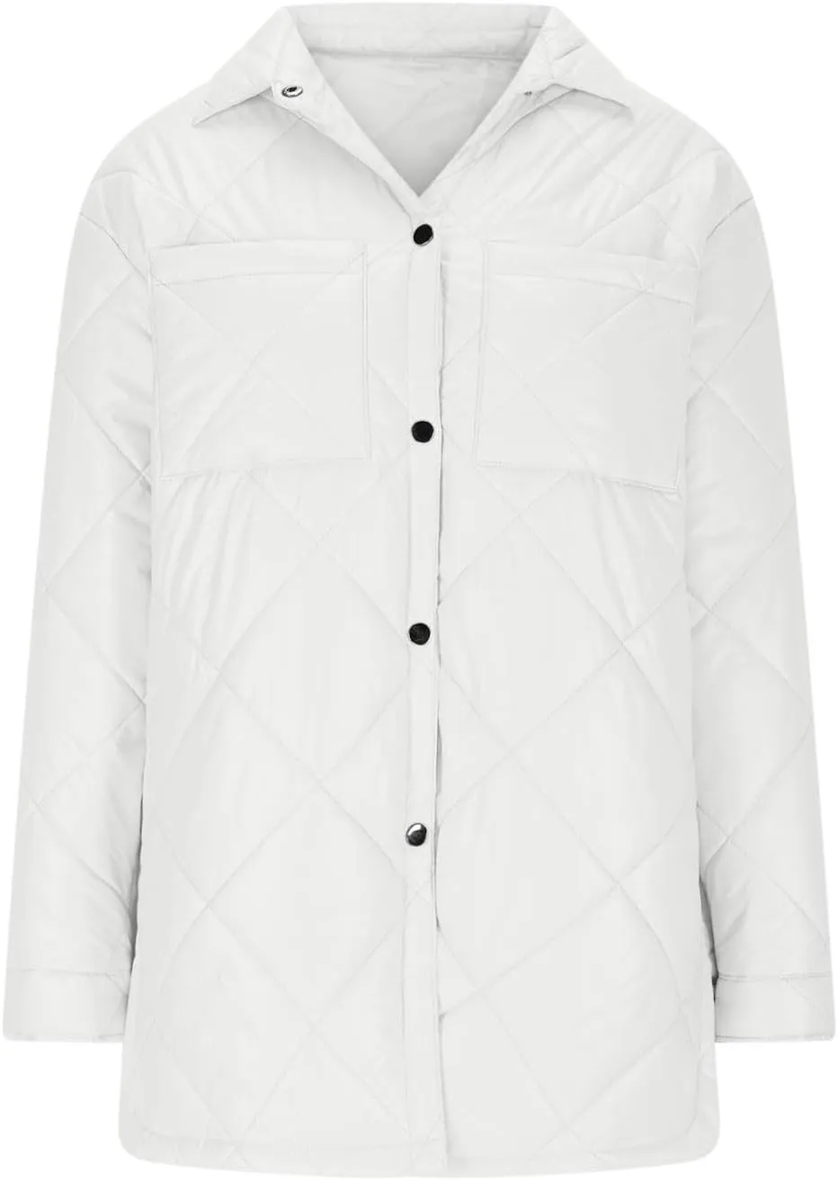 Mzkdieey Womens Quilted Puffer Jacket Oversized Long Sleeve Button Down Padded Down Coats Winter Warm Outwear with Pockets