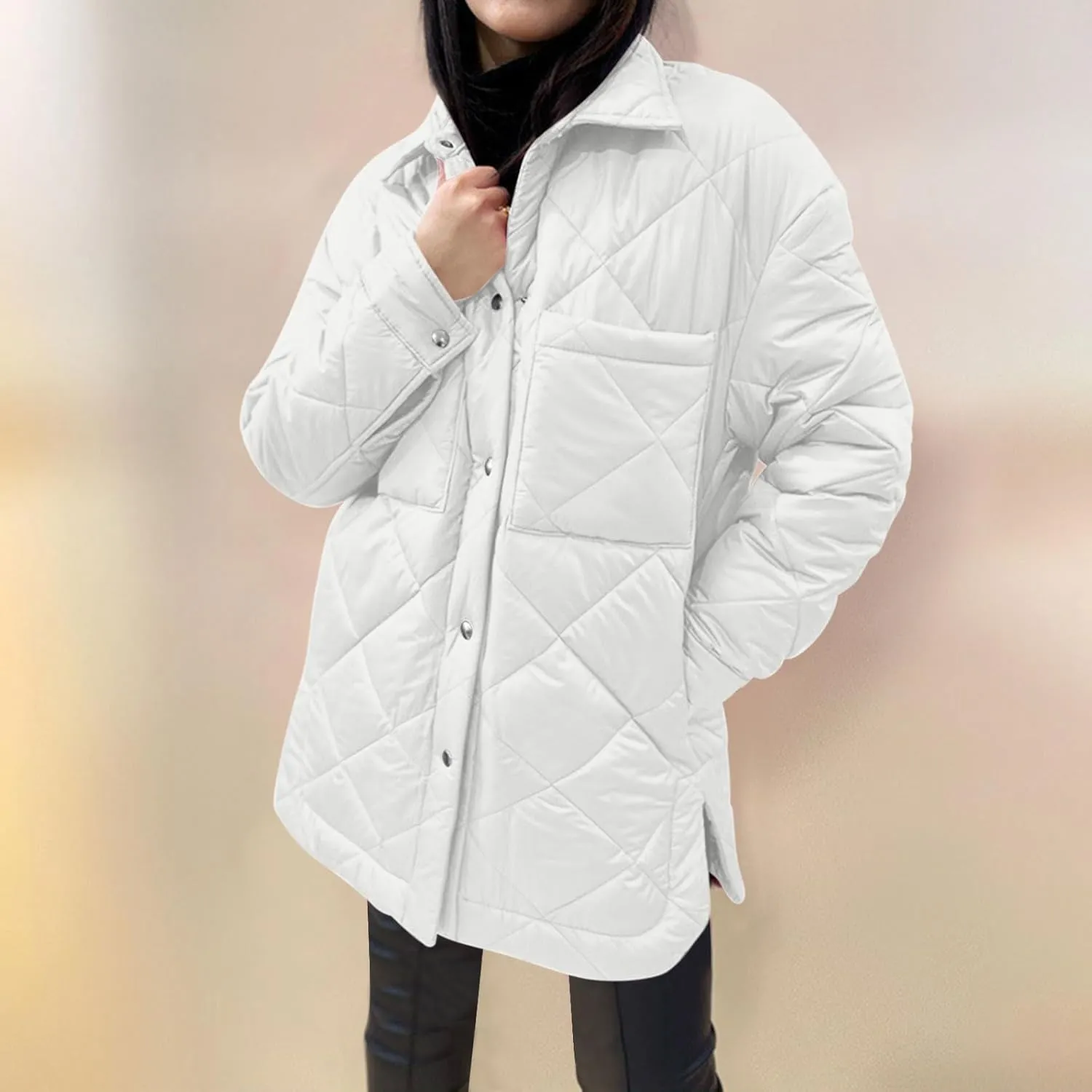 Mzkdieey Womens Quilted Puffer Jacket Oversized Long Sleeve Button Down Padded Down Coats Winter Warm Outwear with Pockets