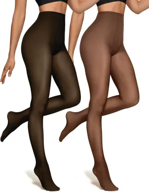OEAK Womens 2 Pack Fleece Lined Tights Fake Translucent Pantyhose Thermal Opaque High Waisted Leggings Footed Sheer Tights