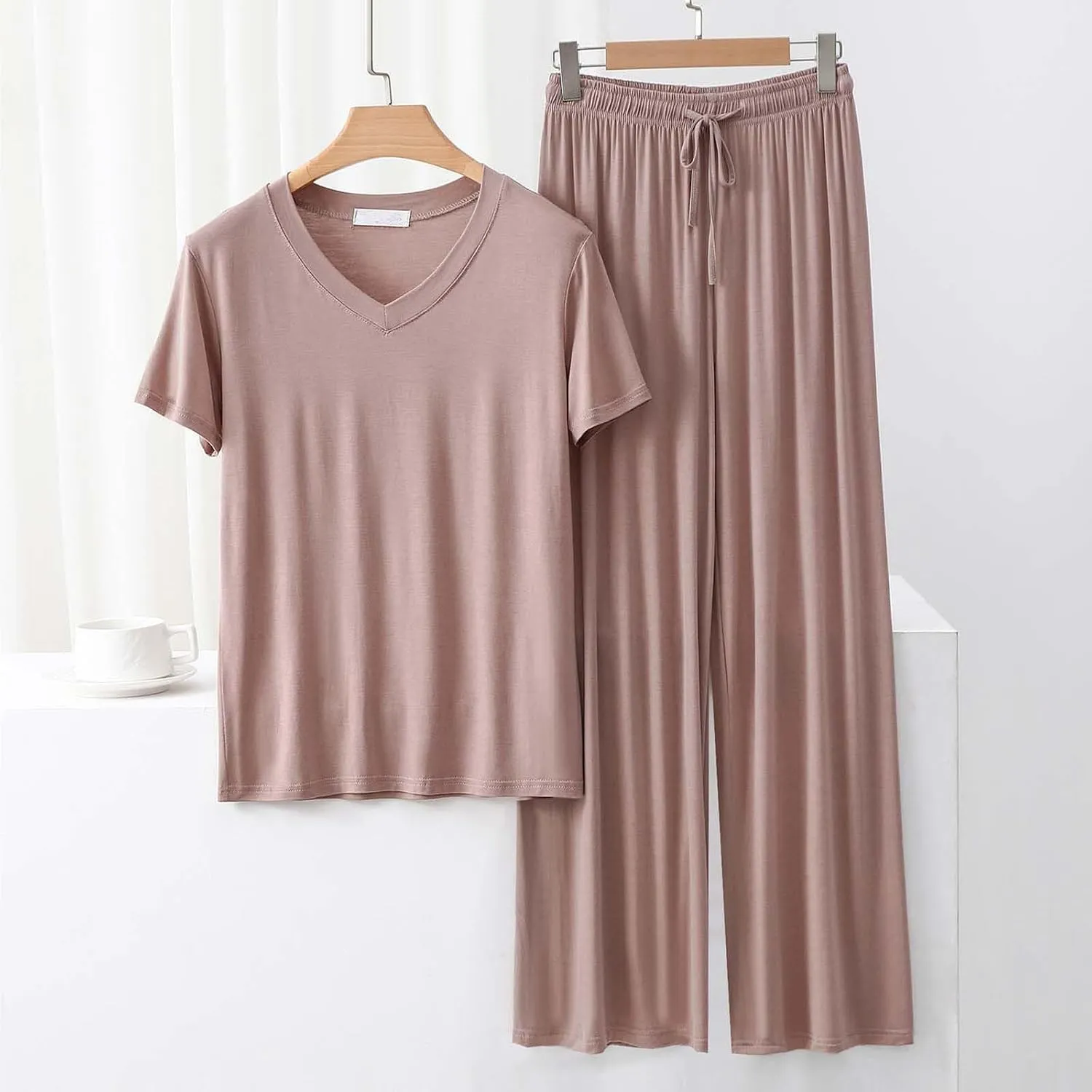 Oplxuo Womens Pajama Sets V-Neck Short Sleeve Pjs Tops with Long Pants Soft Comfy Modal Sleepwear Summer Lounge Set