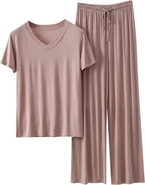 Oplxuo Womens Pajama Sets V-Neck Short Sleeve Pjs Tops with Long Pants Soft Comfy Modal Sleepwear Summer Lounge Set