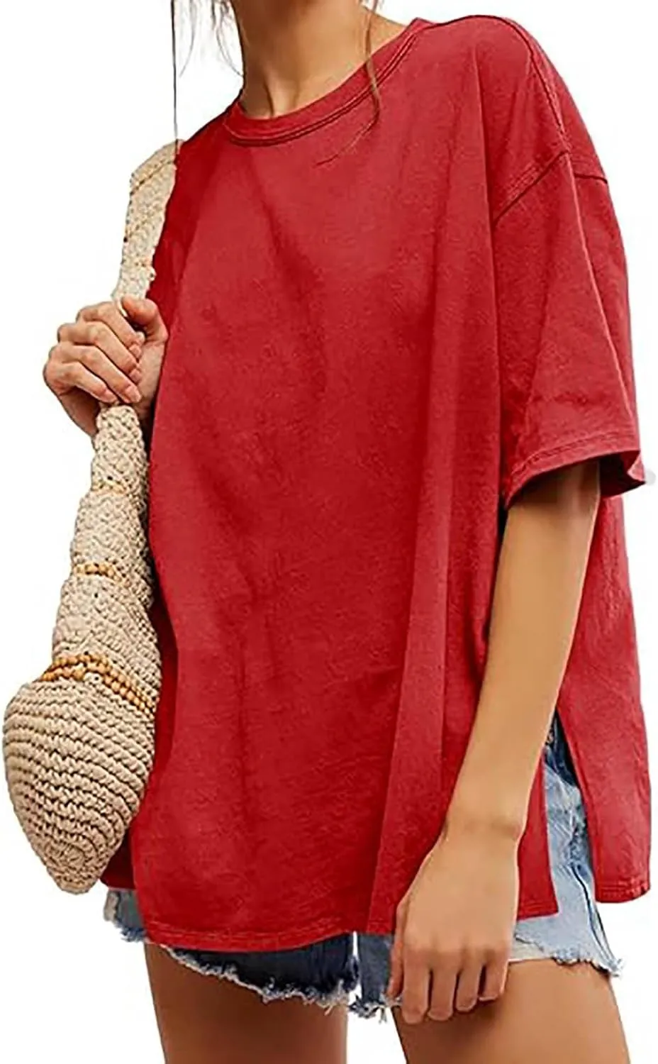 Oversized Tshirts for Women Patchwork Side Slit Summer Tops Crewneck Short Sleeve Shirts Blouses Workout Y2k Clothing