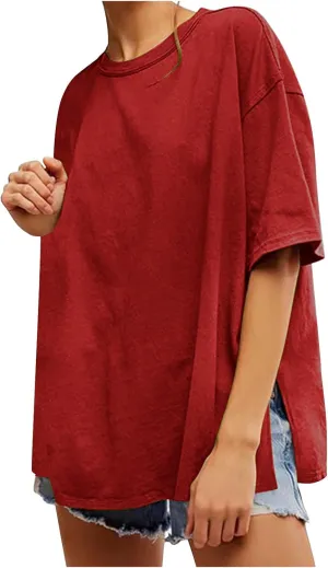 Oversized Tshirts for Women Patchwork Side Slit Summer Tops Crewneck Short Sleeve Shirts Blouses Workout Y2k Clothing