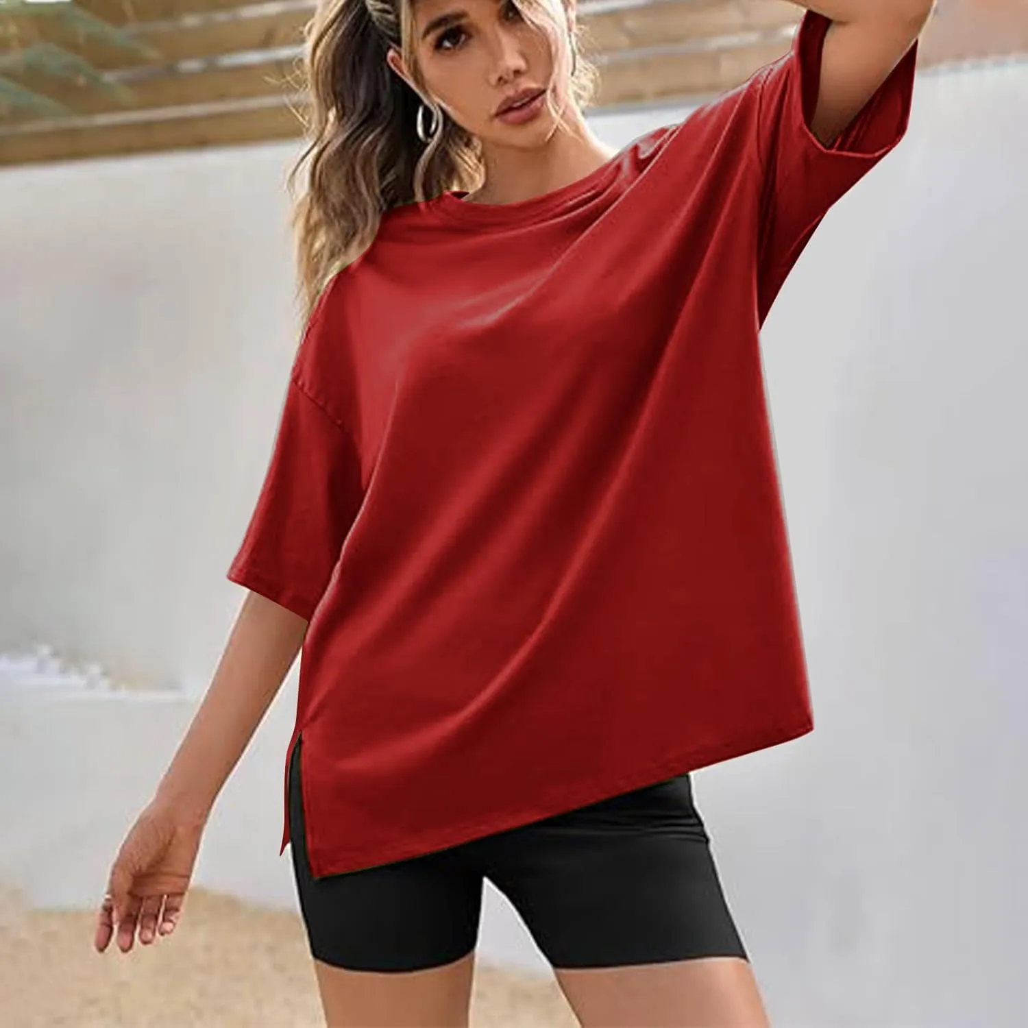 Oversized Tshirts for Women Patchwork Side Slit Summer Tops Crewneck Short Sleeve Shirts Blouses Workout Y2k Clothing