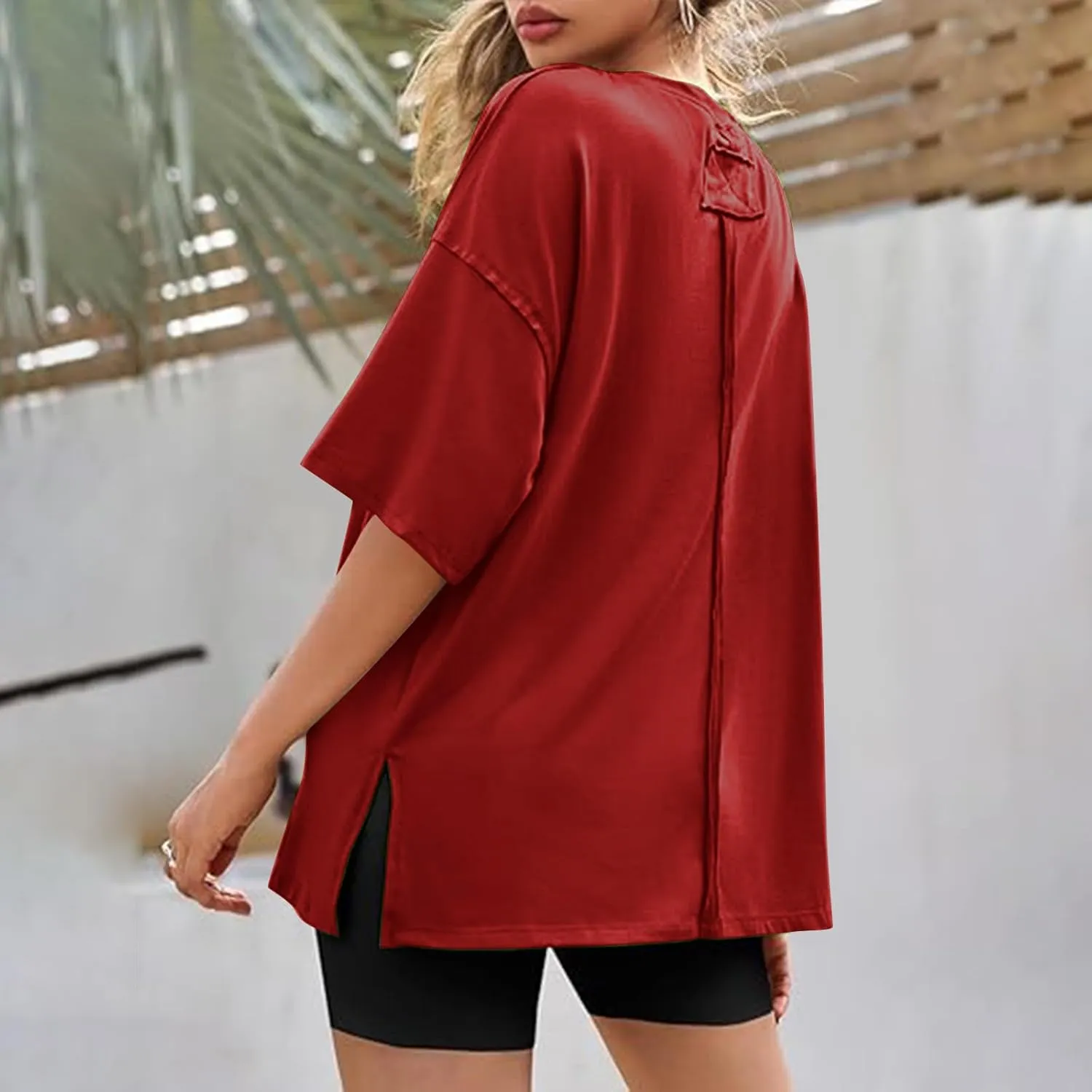 Oversized Tshirts for Women Patchwork Side Slit Summer Tops Crewneck Short Sleeve Shirts Blouses Workout Y2k Clothing