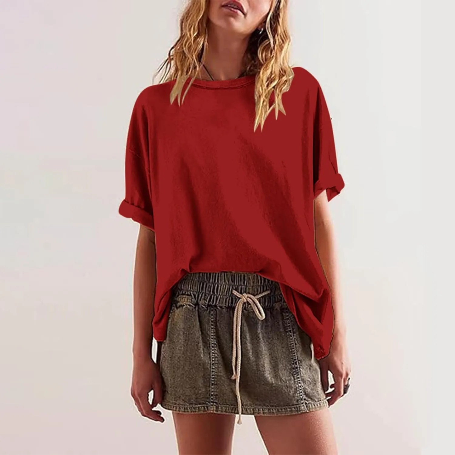 Oversized Tshirts for Women Patchwork Side Slit Summer Tops Crewneck Short Sleeve Shirts Blouses Workout Y2k Clothing