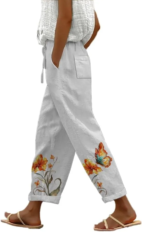 Pants for Women Wide Leg Trousers Linen Elastic Waist Plus Size Casual Graphic Trousers with Pockets