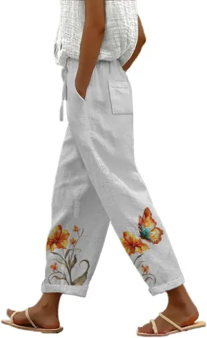 Pants for Women Wide Leg Trousers Linen Elastic Waist Plus Size Casual Graphic Trousers with Pockets