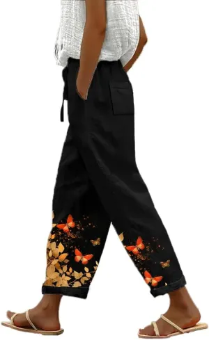 Pants for Women Wide Leg Trousers Linen Elastic Waist Plus Size Casual Graphic Trousers with Pockets