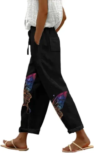 Pants for Women Wide Leg Trousers Linen Elastic Waist Plus Size Casual Graphic Trousers with Pockets