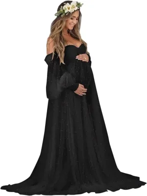 Pearl Tulle Maternity Dress for Photoshoot Puffy Sleeve Off Shoulder Pregnancy Gowns for Baby Shower Dresses