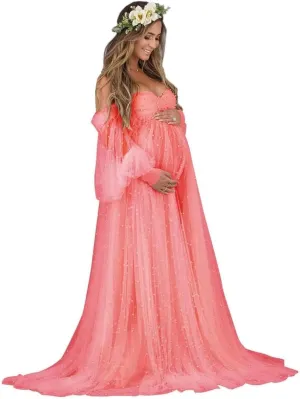 Pearl Tulle Maternity Dress for Photoshoot Puffy Sleeve Off Shoulder Pregnancy Gowns for Baby Shower Dresses