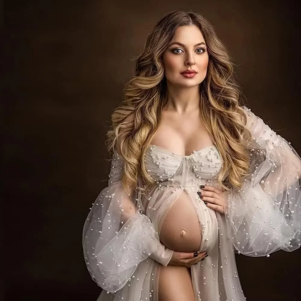 Pearl Tulle Maternity Dress for Photoshoot Puffy Sleeve Off Shoulder Pregnancy Gowns for Baby Shower Dresses