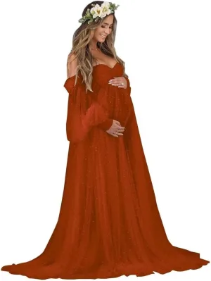Pearl Tulle Maternity Dress for Photoshoot Puffy Sleeve Off Shoulder Pregnancy Gowns for Baby Shower Dresses