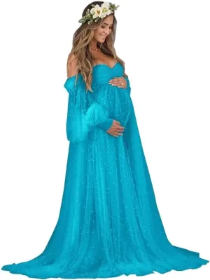 Pearl Tulle Maternity Dress for Photoshoot Puffy Sleeve Off Shoulder Pregnancy Gowns for Baby Shower Dresses