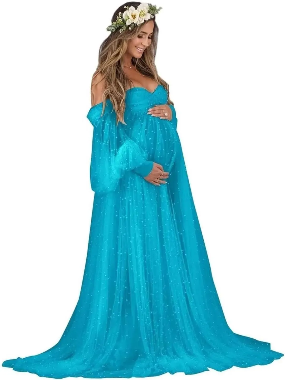 Pearl Tulle Maternity Dress for Photoshoot Puffy Sleeve Off Shoulder Pregnancy Gowns for Baby Shower Dresses