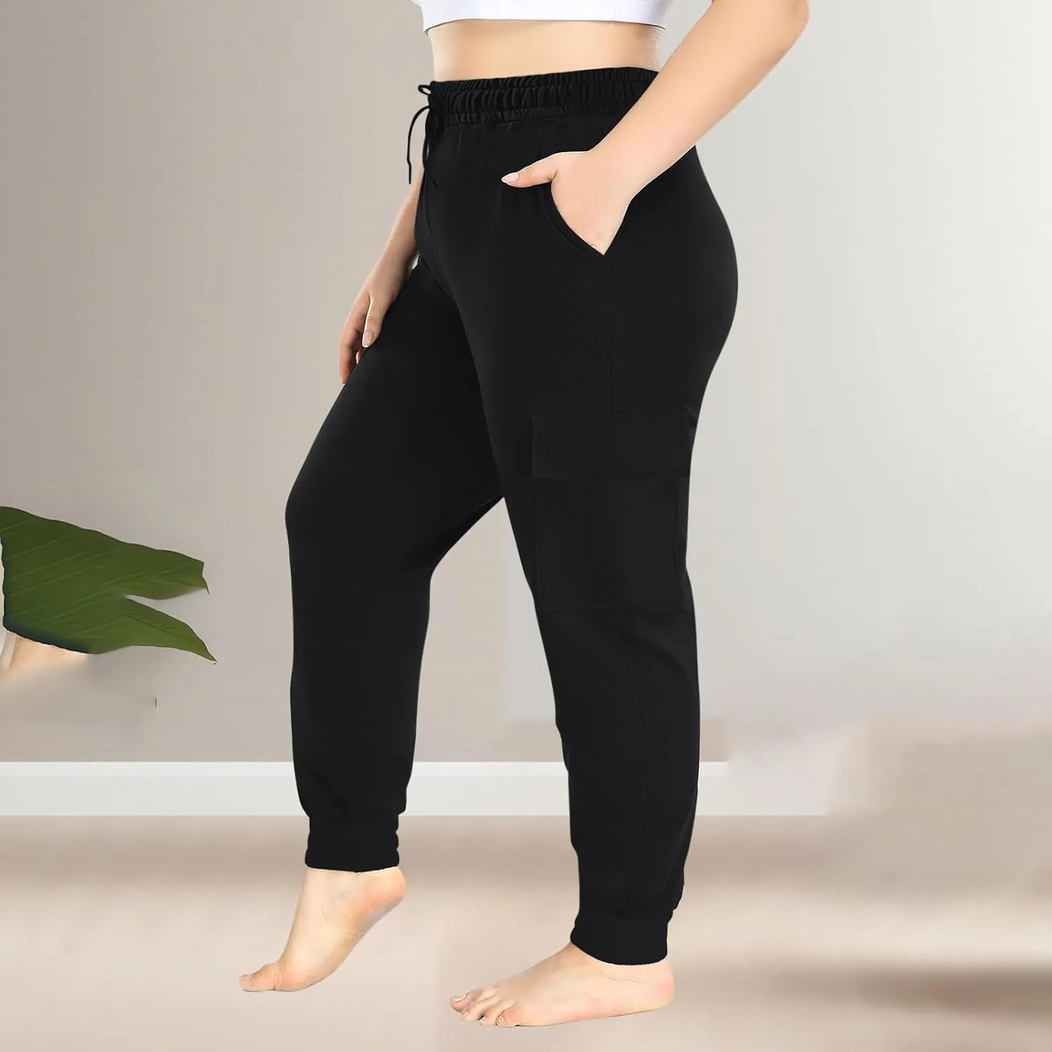 Plus Size Cargo Pants for Women Trendy Stretchy Sweatpants Workout Multi Pockets Mid Rise Jogger Pants Cinch Bottom