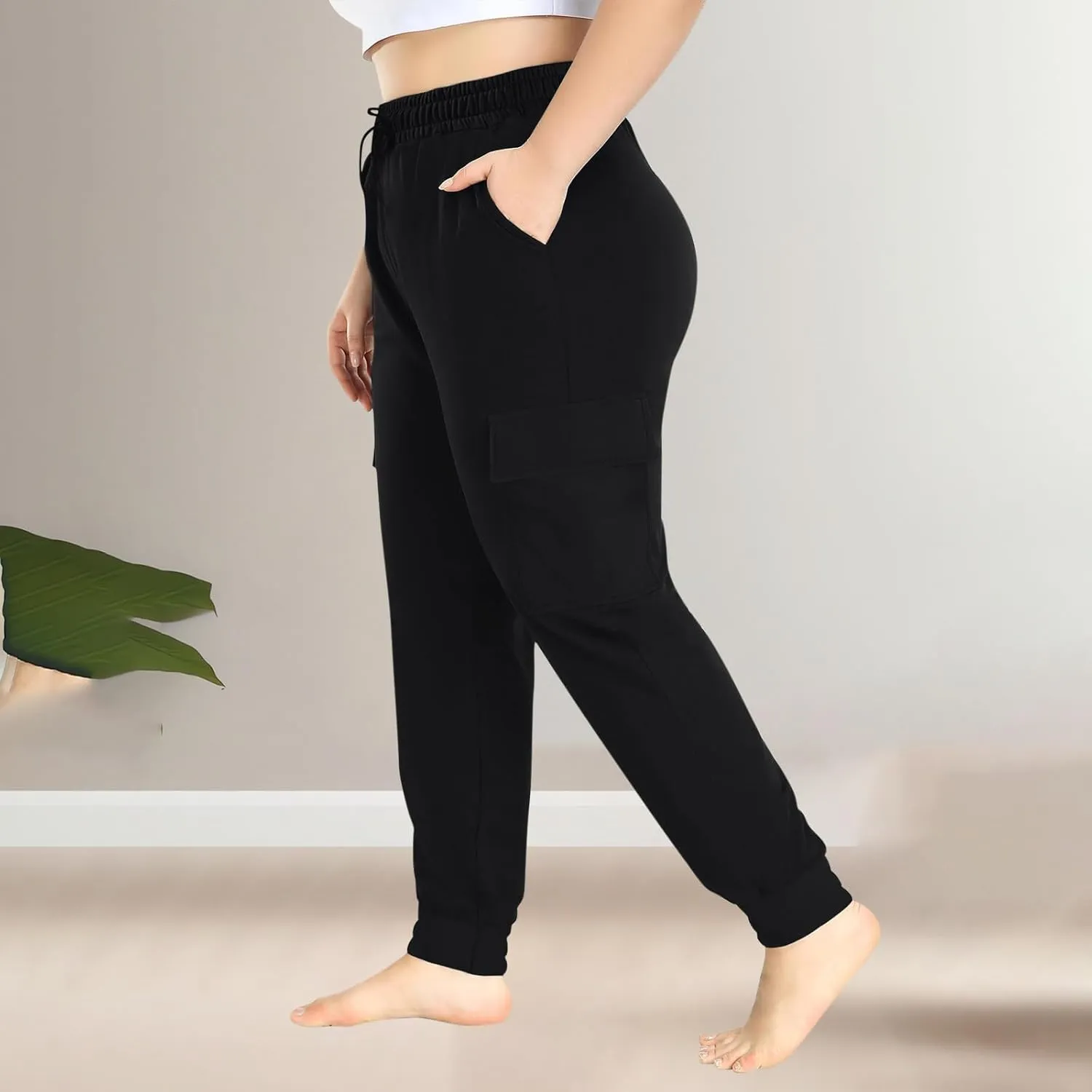 Plus Size Cargo Pants for Women Trendy Stretchy Sweatpants Workout Multi Pockets Mid Rise Jogger Pants Cinch Bottom