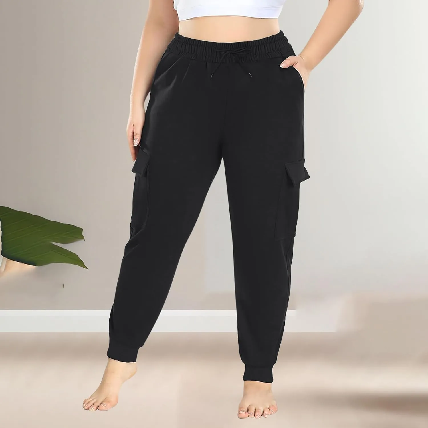 Plus Size Cargo Pants for Women Trendy Stretchy Sweatpants Workout Multi Pockets Mid Rise Jogger Pants Cinch Bottom