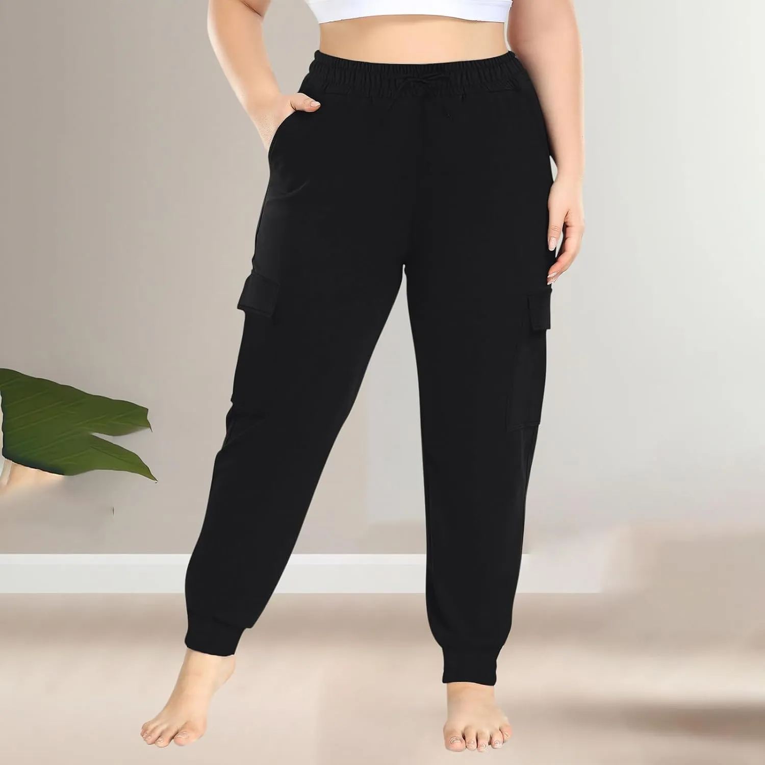 Plus Size Cargo Pants for Women Trendy Stretchy Sweatpants Workout Multi Pockets Mid Rise Jogger Pants Cinch Bottom