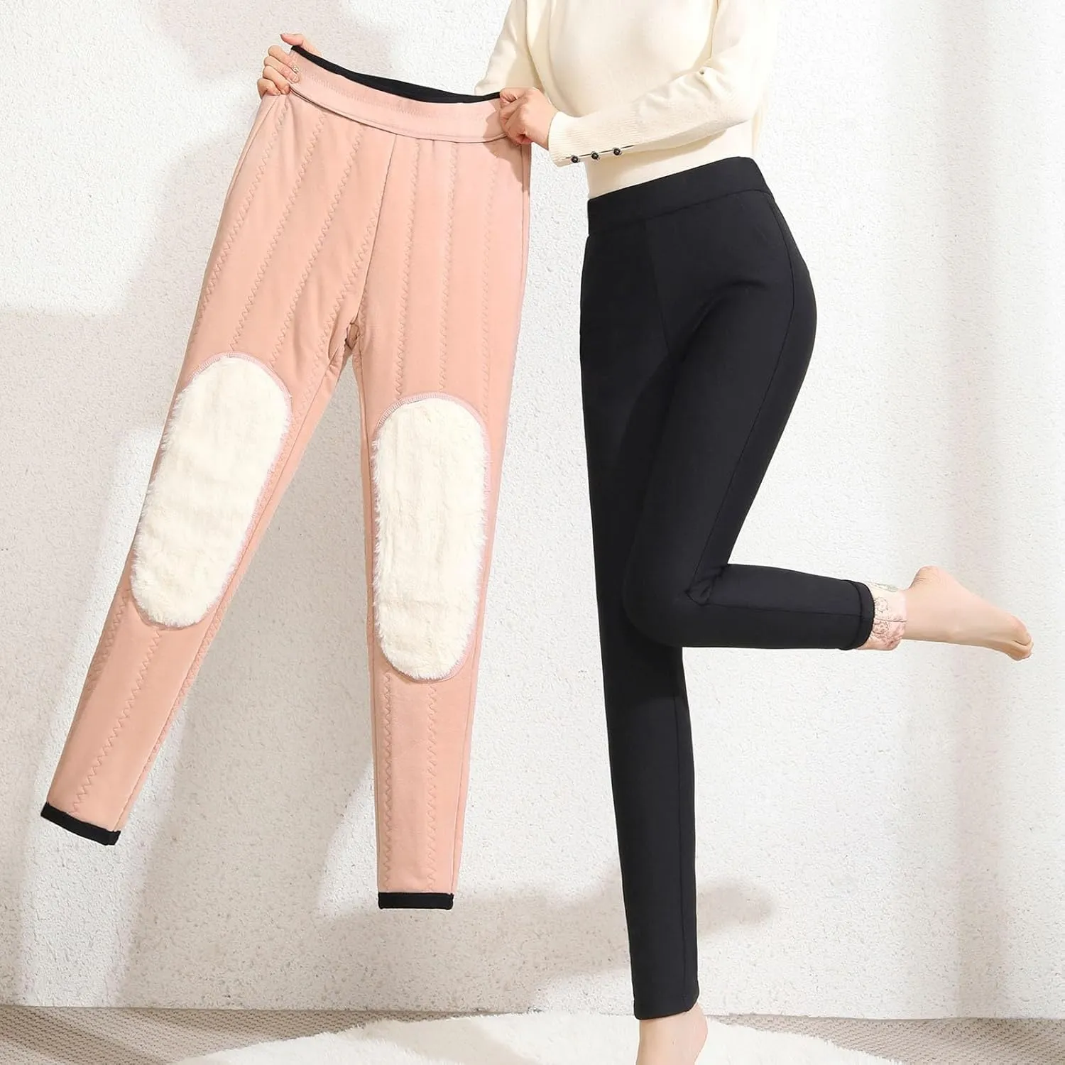 Plus Size Thermal Leggings Women High Waisted Tummy Control Tights Knee Pads Thick Warm Stretchy Fleece Lined Pants