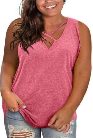 Plus Size Vests for Womens Dressy Hollow Out V-Neck Sleeveless Solid Color Summer Casual Baggy Comfy Tank Tops