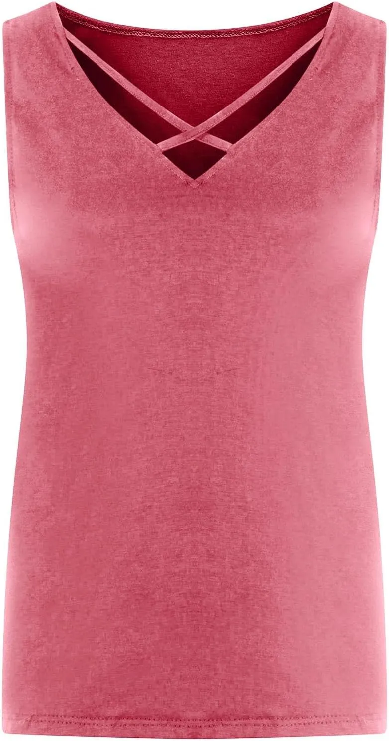 Plus Size Vests for Womens Dressy Hollow Out V-Neck Sleeveless Solid Color Summer Casual Baggy Comfy Tank Tops