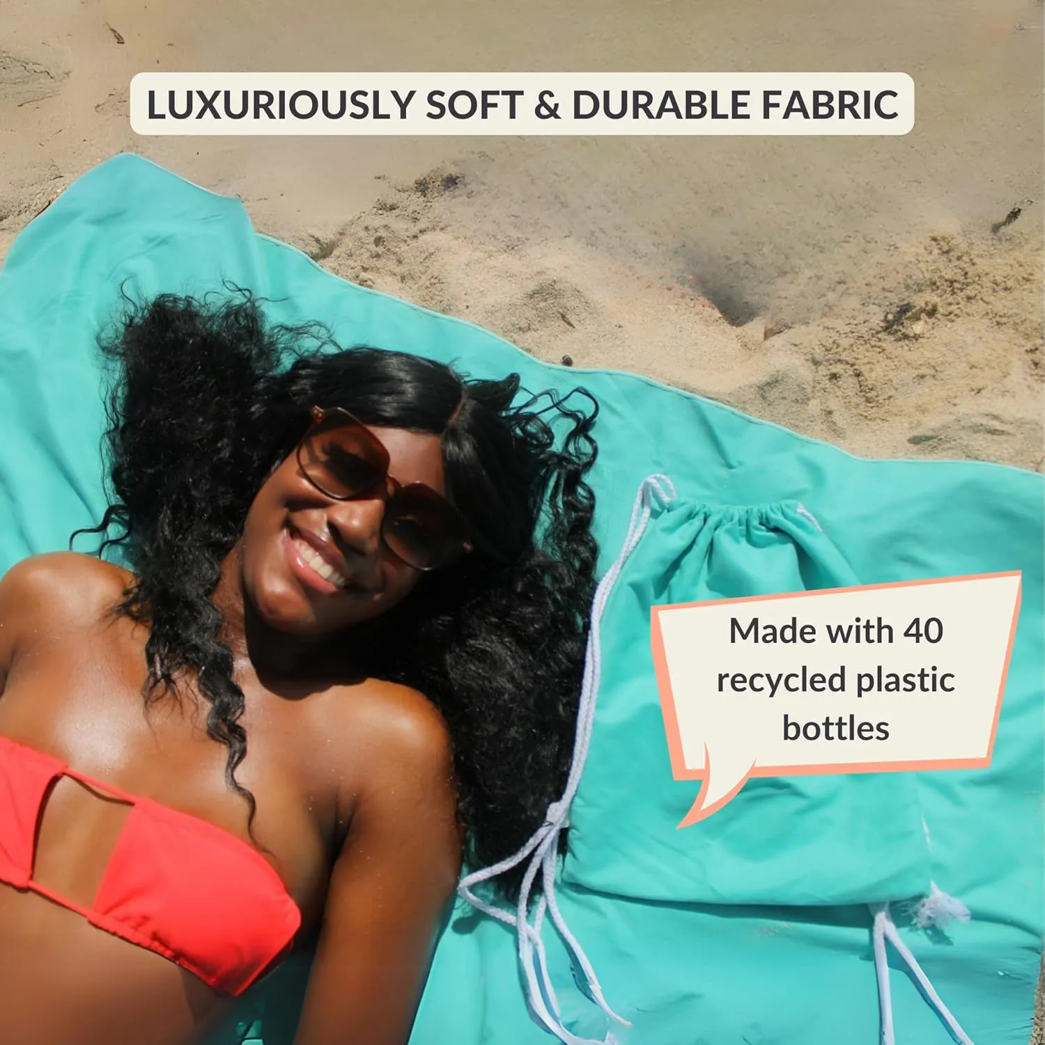 Plush Microfiber Beach Blanket, Large Beach Mat for 1-4 Persons, Sandproof, Windproof | Hole for Umbrella, Corner Sand Pockets to Fight Wind (Bag for Blanket Included)