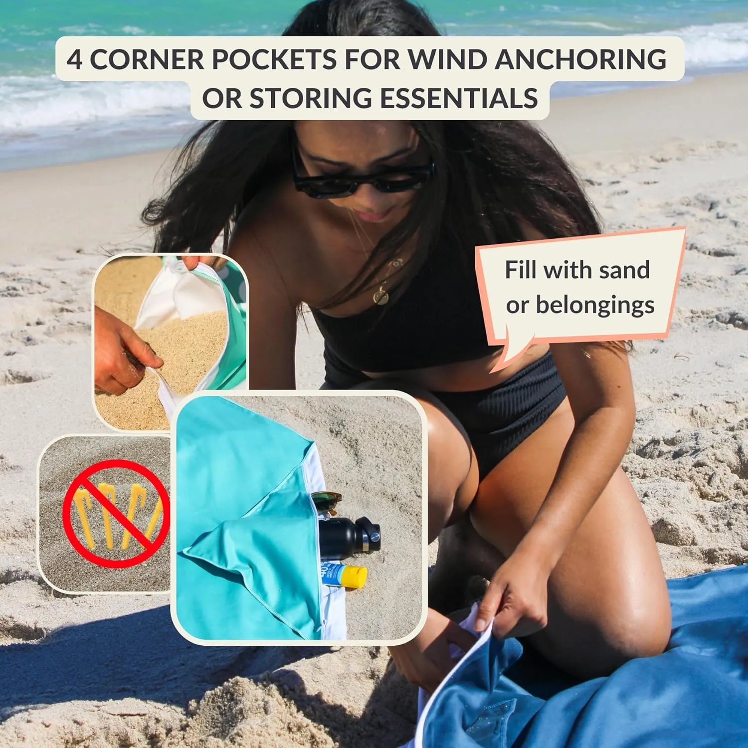 Plush Microfiber Beach Blanket, Large Beach Mat for 1-4 Persons, Sandproof, Windproof | Hole for Umbrella, Corner Sand Pockets to Fight Wind (Bag for Blanket Included)