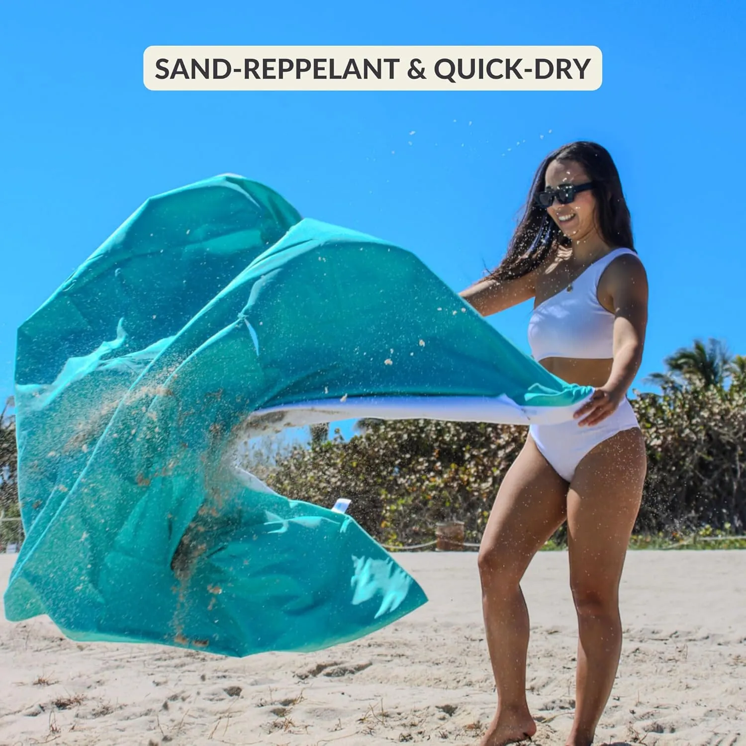 Plush Microfiber Beach Blanket, Large Beach Mat for 1-4 Persons, Sandproof, Windproof | Hole for Umbrella, Corner Sand Pockets to Fight Wind (Bag for Blanket Included)
