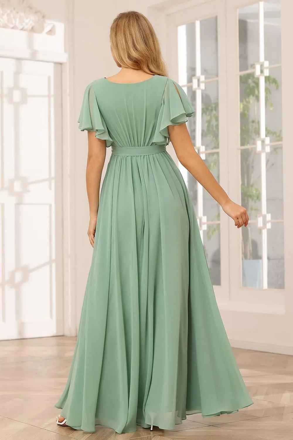 Raseal Flutter Sleeve Chiffon Bridesmaid Dress Long with Pockets V Neck Pleated Formal Dress for Women RS037