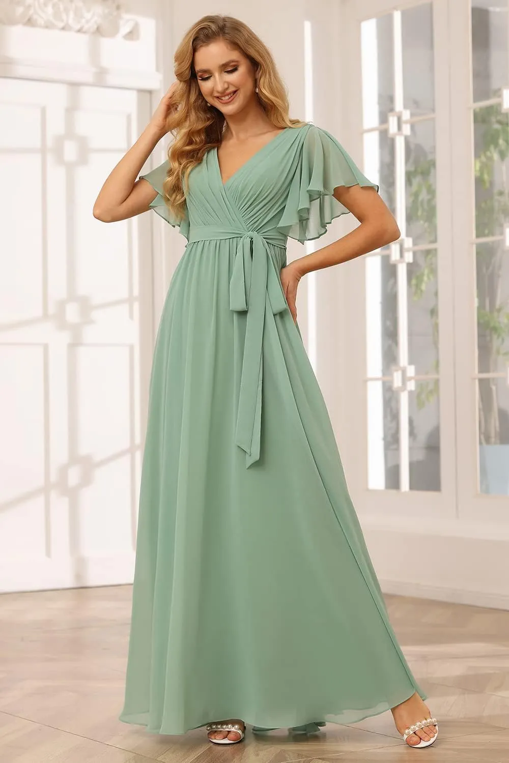 Raseal Flutter Sleeve Chiffon Bridesmaid Dress Long with Pockets V Neck Pleated Formal Dress for Women RS037