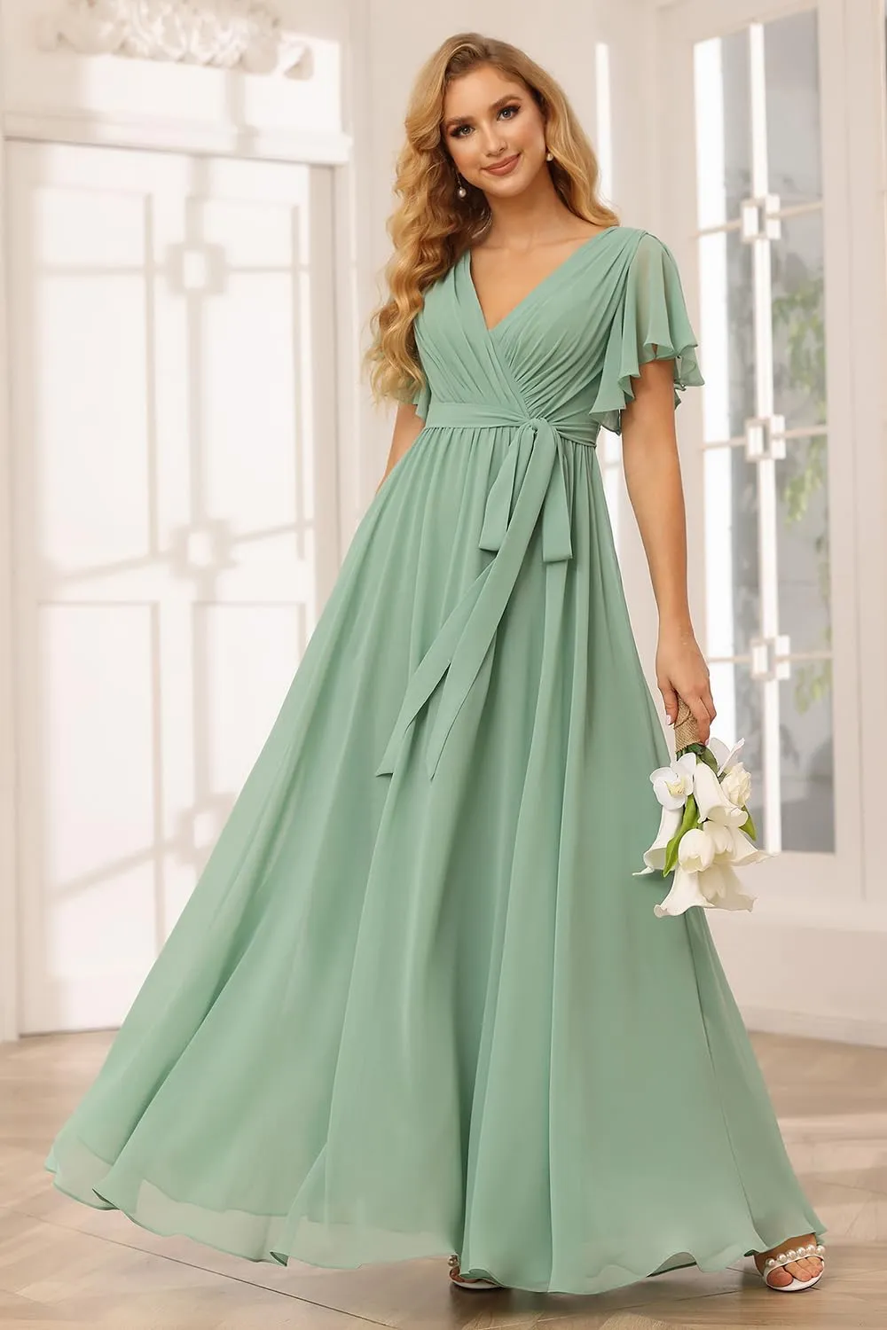 Raseal Flutter Sleeve Chiffon Bridesmaid Dress Long with Pockets V Neck Pleated Formal Dress for Women RS037
