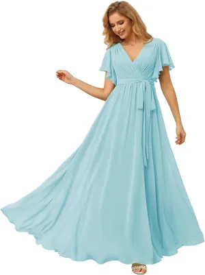 Raseal Flutter Sleeve Chiffon Bridesmaid Dress Long with Pockets V Neck Pleated Formal Dress for Women RS037