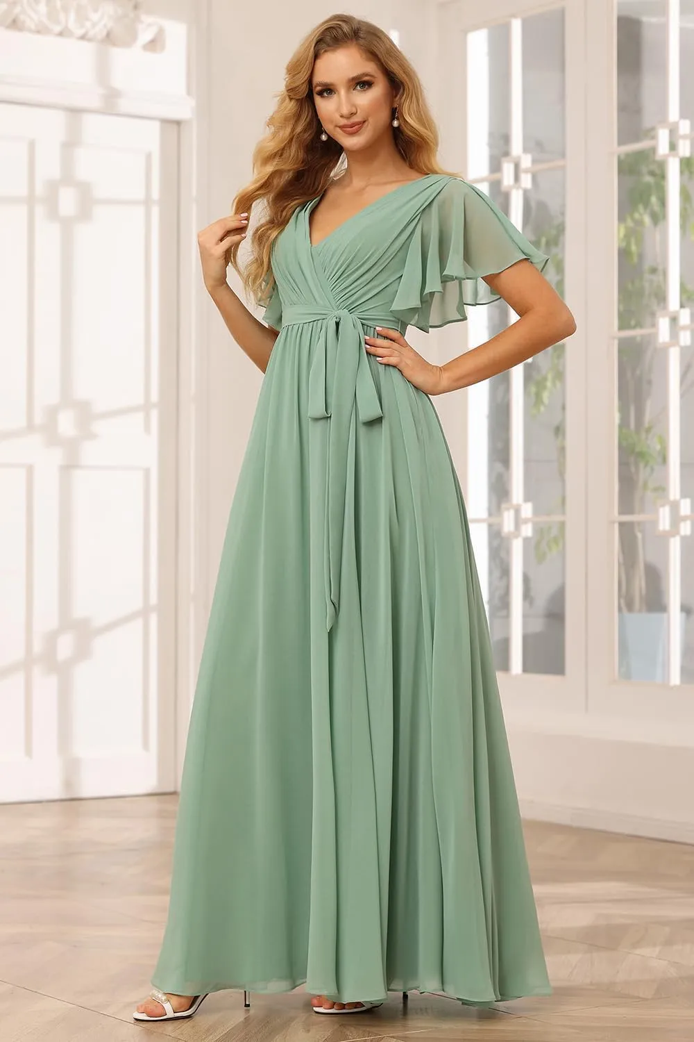 Raseal Flutter Sleeve Chiffon Bridesmaid Dress Long with Pockets V Neck Pleated Formal Dress for Women RS037
