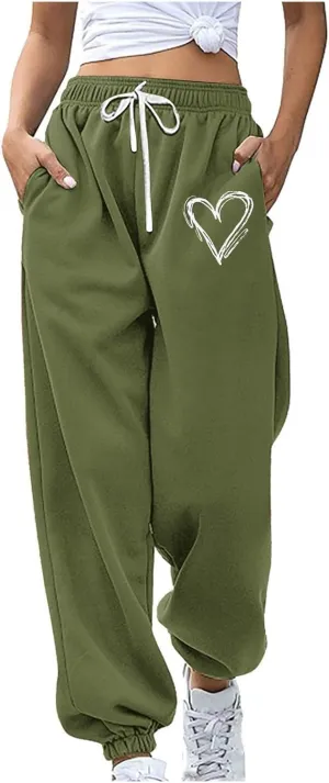Ruziyoog Women's Casual Baggy Fleece Sweatpants Cute Heart Print Workout Active Joggers Pants Baggy Lounge Bottoms