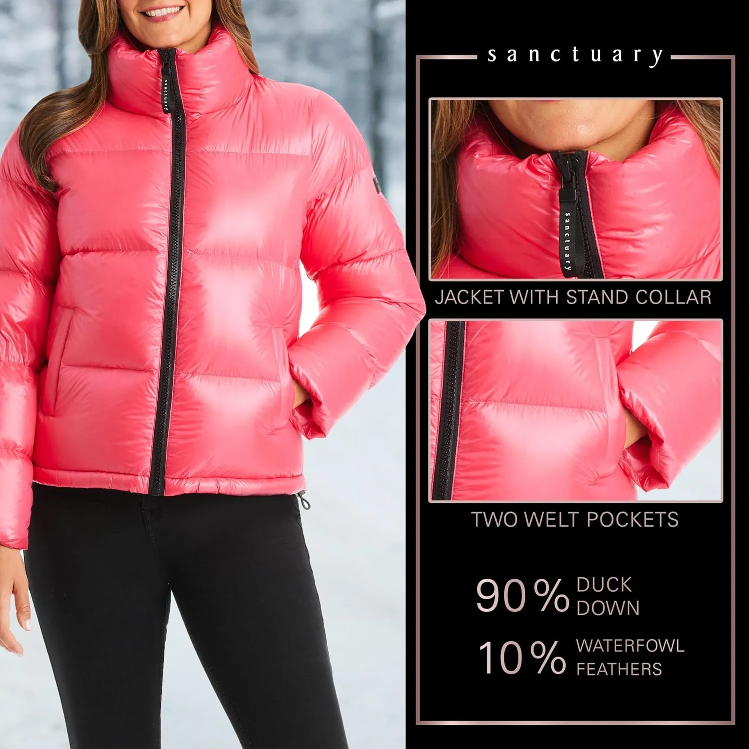Sanctuary Short Winter Jackets for Women - Down Puffer Jacket Women with Stand Collar, Storm Cuffs, & Front Pockets