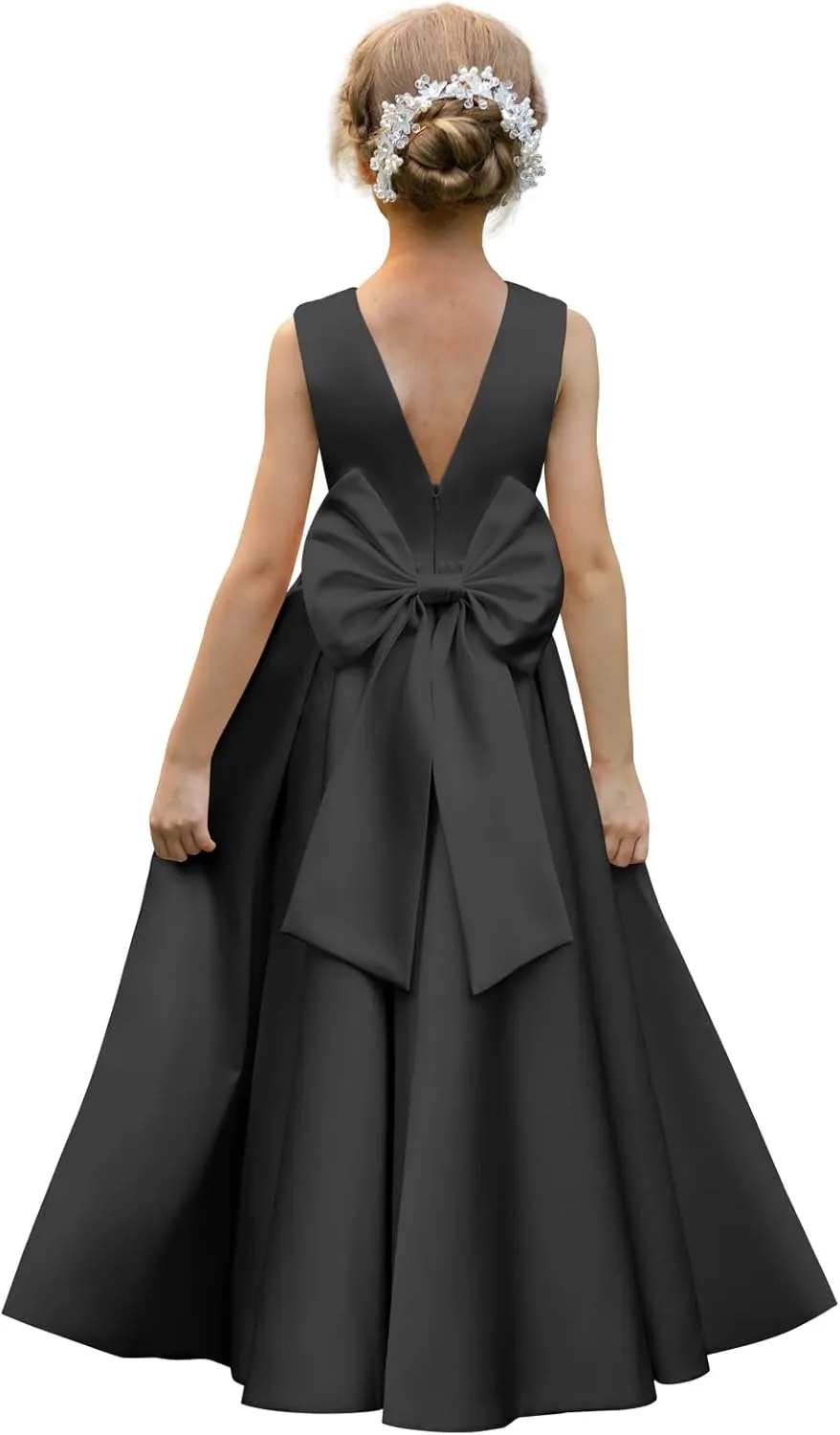 Satin Flower Girl Dresses for Wedding Floor Length Backless Princess Pageant Dress with Bow Pearls Proms Ball Gowns