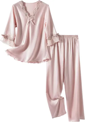Satin Pajama Set for Women Sexy Soft Silky Lace Floral V Neck Tops Cozy Flowy Long Pants Comfy 2 Piece Pj Loungewear