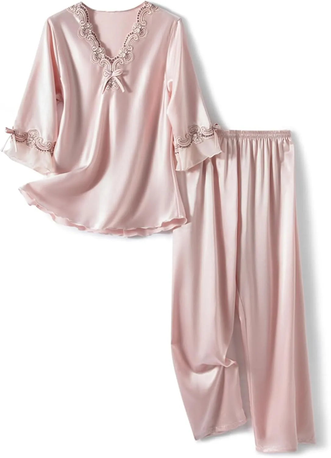Satin Pajama Set for Women Sexy Soft Silky Lace Floral V Neck Tops Cozy Flowy Long Pants Comfy 2 Piece Pj Loungewear