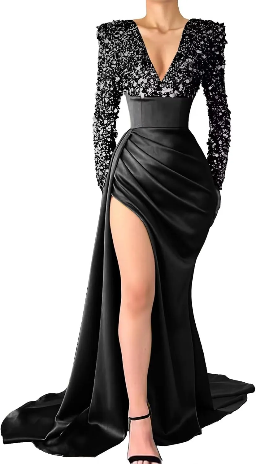 Sequin Mermaid Prom Dresses 2024 Long Sleeve Satin Sparkly V-Neck Evening Formal Wedding Party Gown with Slit