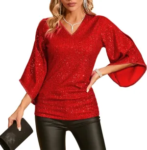 Sequin Tops for Women 3/4 Sleeve Blouse for Women Dressy Sparkly Tops V Neck Outfits for Party Glitter Tops