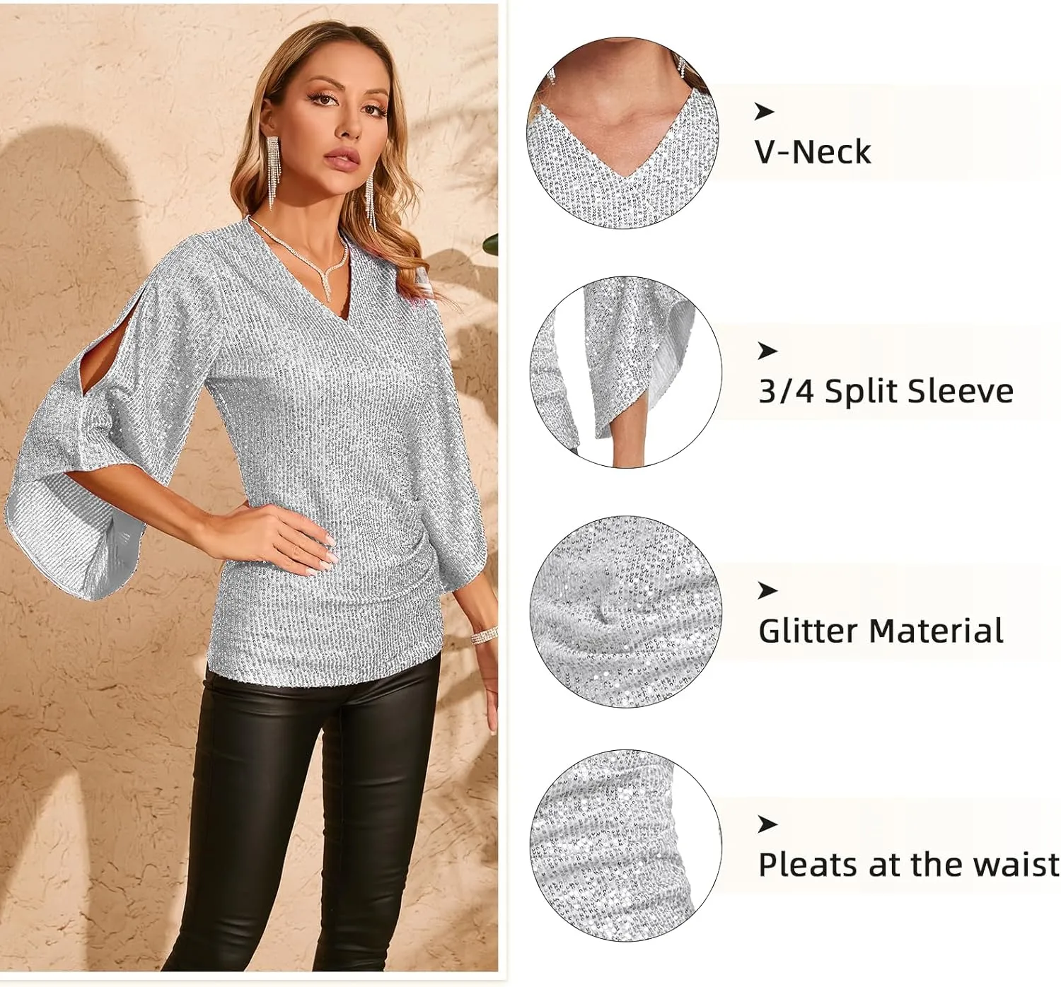 Sequin Tops for Women 3/4 Sleeve Blouse for Women Dressy Sparkly Tops V Neck Outfits for Party Glitter Tops