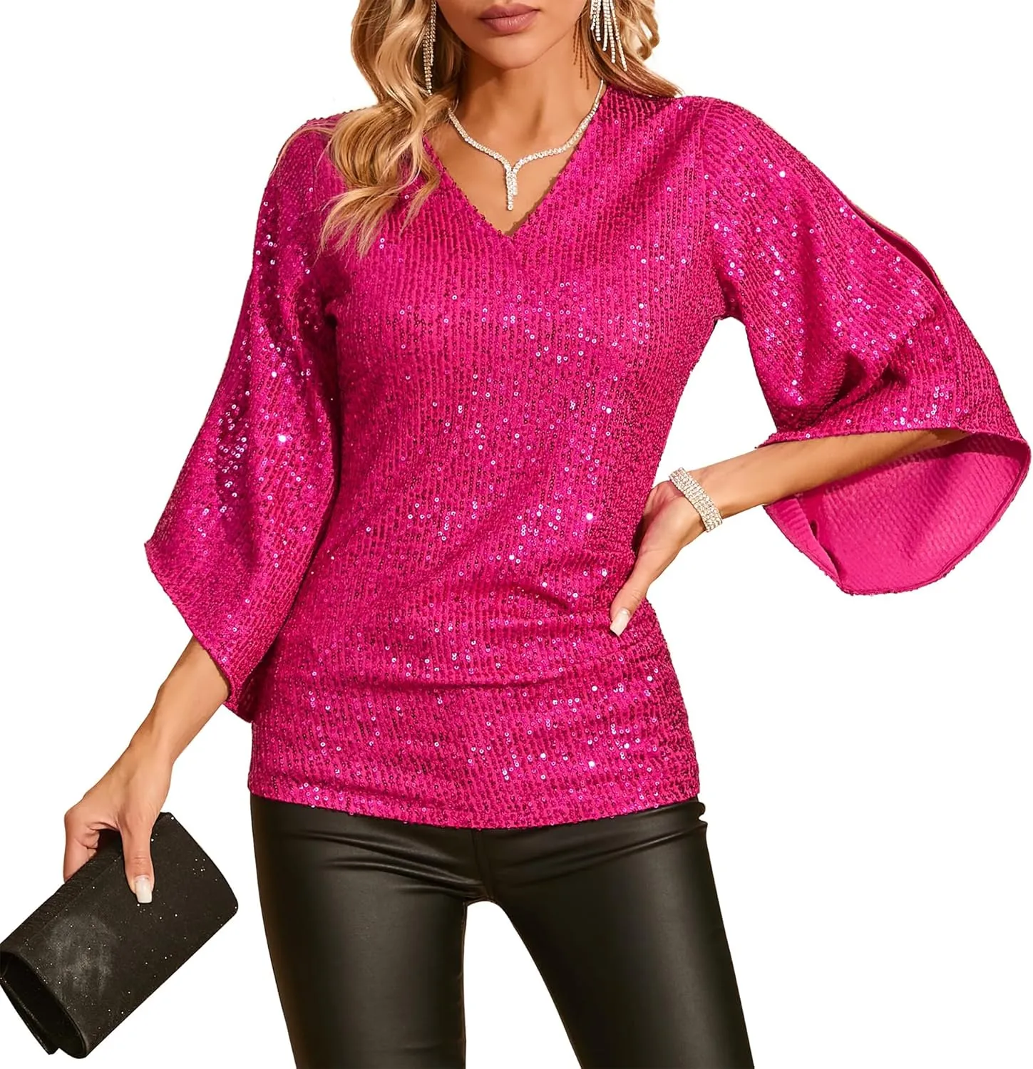 Sequin Tops for Women 3/4 Sleeve Blouse for Women Dressy Sparkly Tops V Neck Outfits for Party Glitter Tops
