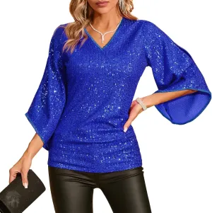 Sequin Tops for Women 3/4 Sleeve Blouse for Women Dressy Sparkly Tops V Neck Outfits for Party Glitter Tops