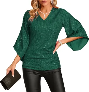 Sequin Tops for Women 3/4 Sleeve Blouse for Women Dressy Sparkly Tops V Neck Outfits for Party Glitter Tops